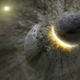 Artist’s depiction of a massive collision involving two large objects.